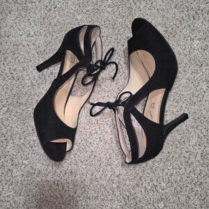 Black suede open toe peep toe heels